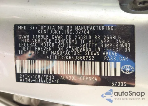 2004 Toyota Camry Le from USA, damaged, VIN 4T1BE32K64U868752